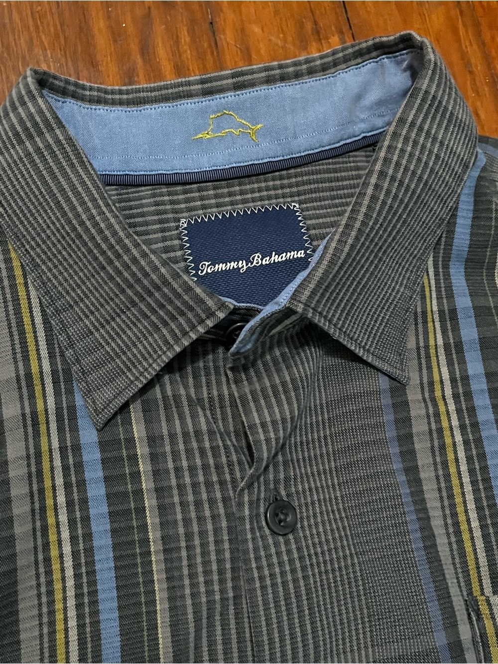 Tommy Bahama Men's Gray Blue Yellow Striped Button-Up Shirt Large